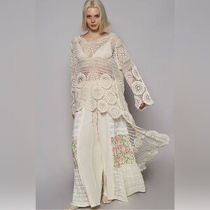 # 205 Pol Bohemian Cream Crochet High-low Long Sleeve top